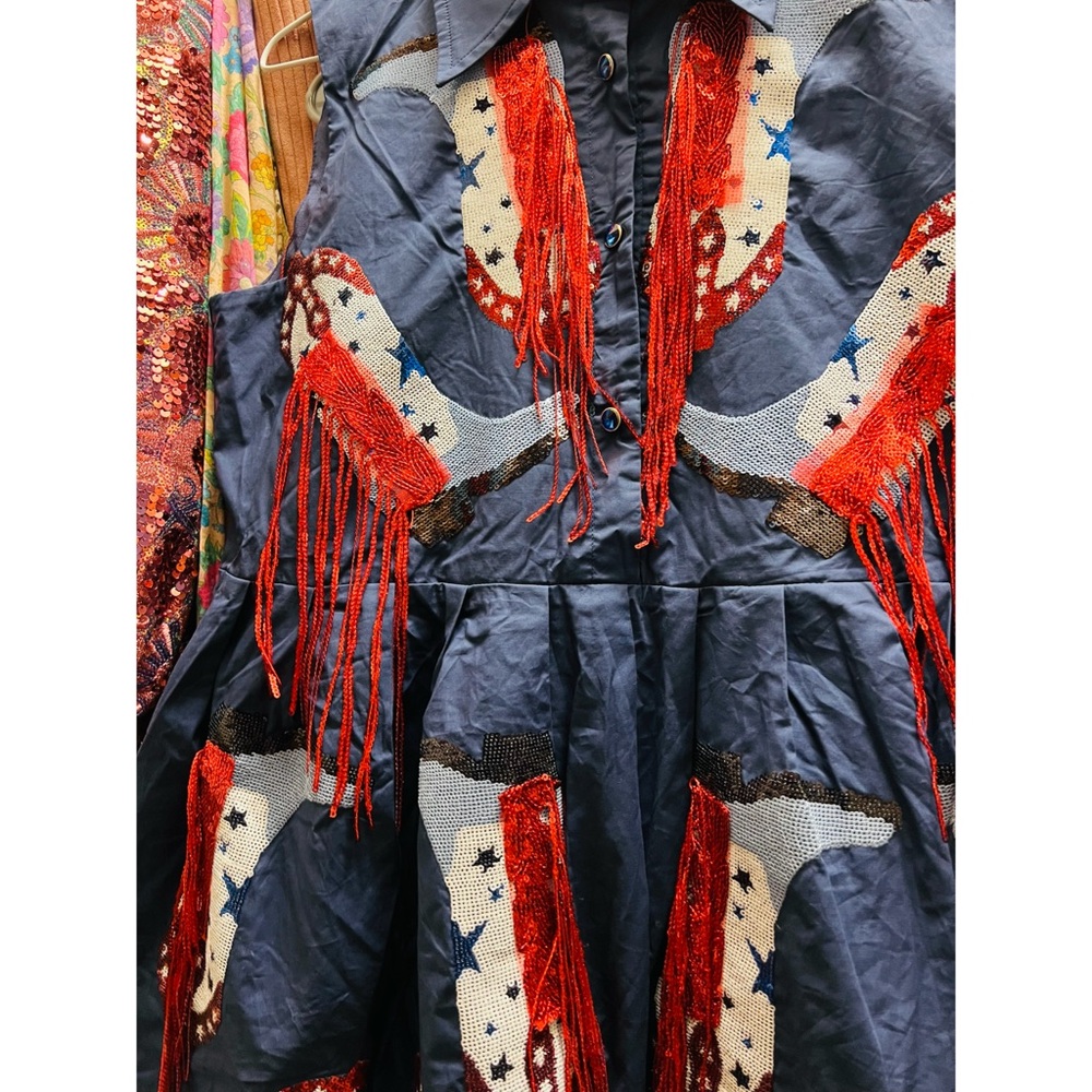 QUEEN OF SPARKLES Navy Blue Western Fringe Mini Dress with Red & White Accents - Picture 3 of 6
